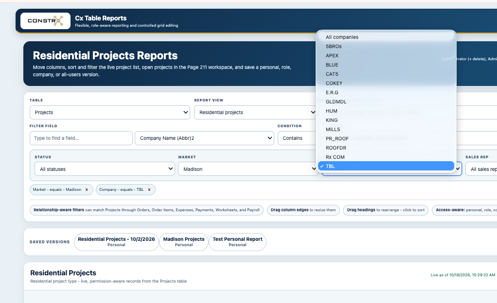Actual ConstrX reporting workspace showing the company filter and All companies option