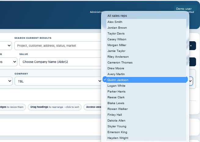 Actual ConstrX reporting sales rep filter with All sales reps and fictional demo names