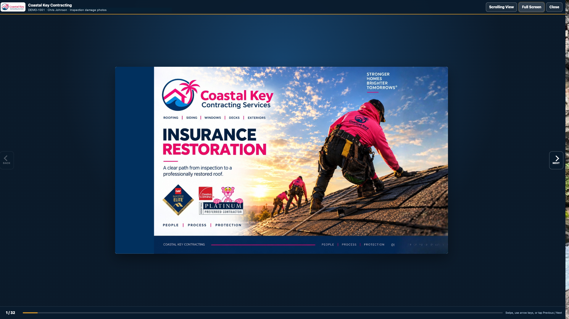 ConstrX integrated sales presentation showing Coastal Key branded materials with full-screen, scrolling and slide navigation controls; demo client details